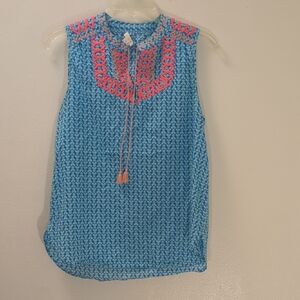 J. Crew Vibrant Blue Blouse with Pink Embroidery